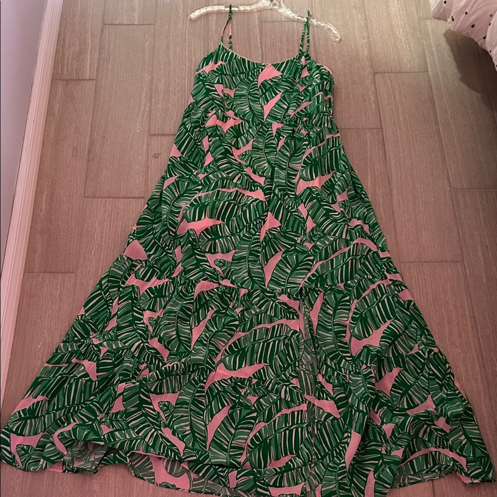 Lilly Pulitzer Green Leaf Print Maxi Dress with Pink Accents